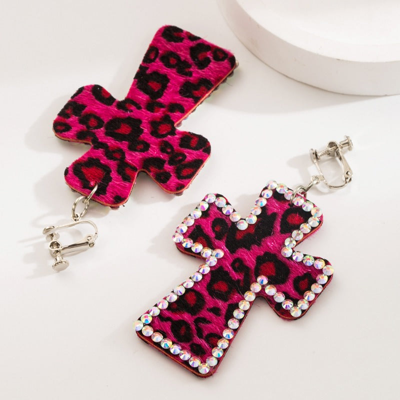 Wholesale Hot Girl Leopard Print Cross Exaggerated Adjustable Earrings