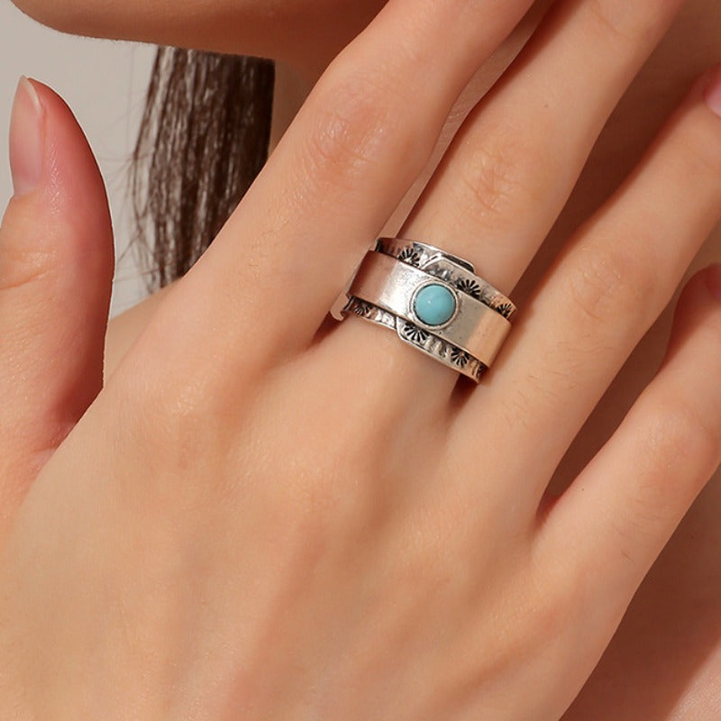 Wholesale Antique Silver Wide-rim Sunflower Pattern Turquoise Open Ring