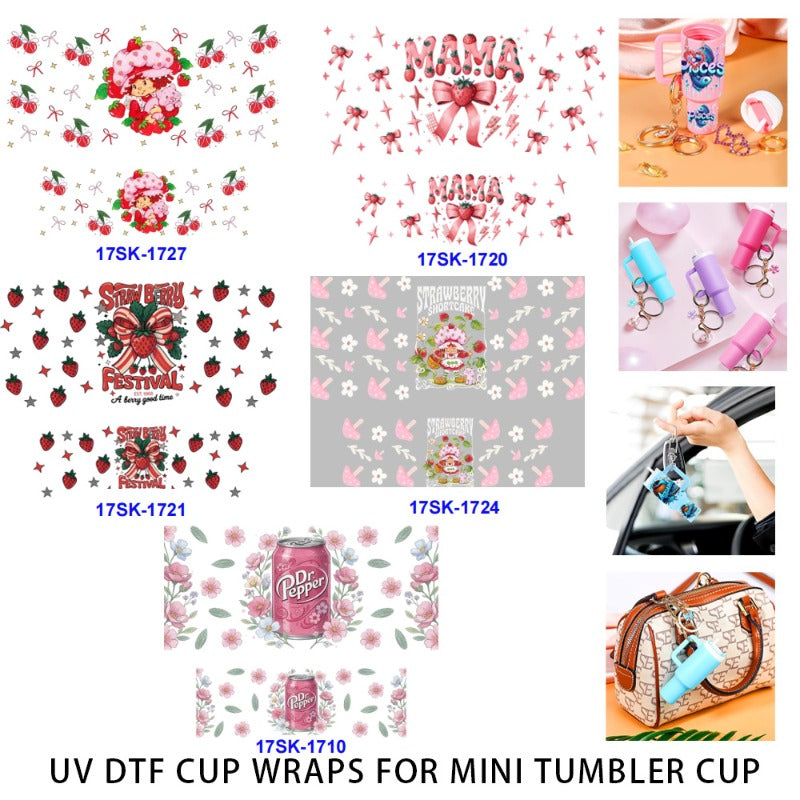 Wholesale 2/4/8 Pcs Mother's Day Cute Small Strawberry Girl Pink Can UV DTF Wraps Mini Tumbler Cup Keychain Lipstick Holders