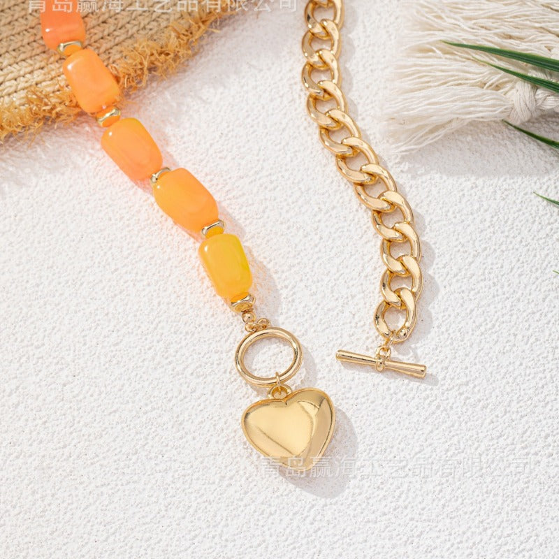 Wholesale Fashion Acrylic Colored Stone Heart-shaped Niche Design Metal Necklaces