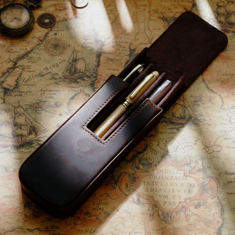 Wholesale Crazy Horse Leather 3-Pack Handmade Magnetic Drawer Pen Bag