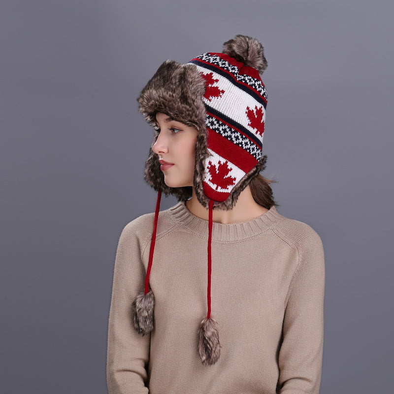 Wholesale of New Maple Leaf Ear Protection Hats for Autumn and Winter, Knitted Wool Hats