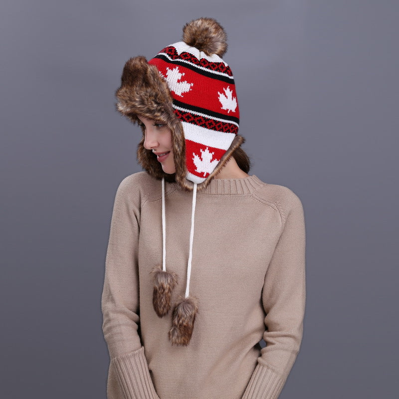 Wholesale of New Maple Leaf Ear Protection Hats for Autumn and Winter, Knitted Wool Hats