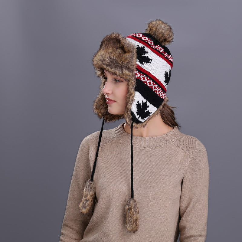 Wholesale of New Maple Leaf Ear Protection Hats for Autumn and Winter, Knitted Wool Hats