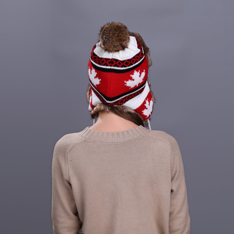 Wholesale of New Maple Leaf Ear Protection Hats for Autumn and Winter, Knitted Wool Hats