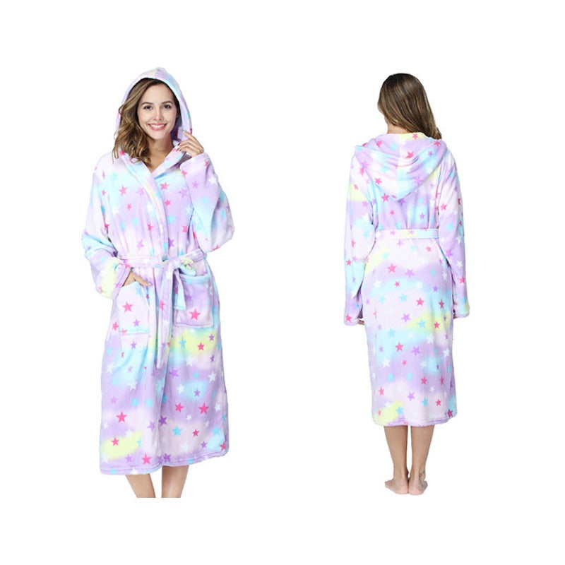 Wholesale Flannel Print Rainbow Hooded Big Pockets Autumn and Winter Long Couple Pajamas