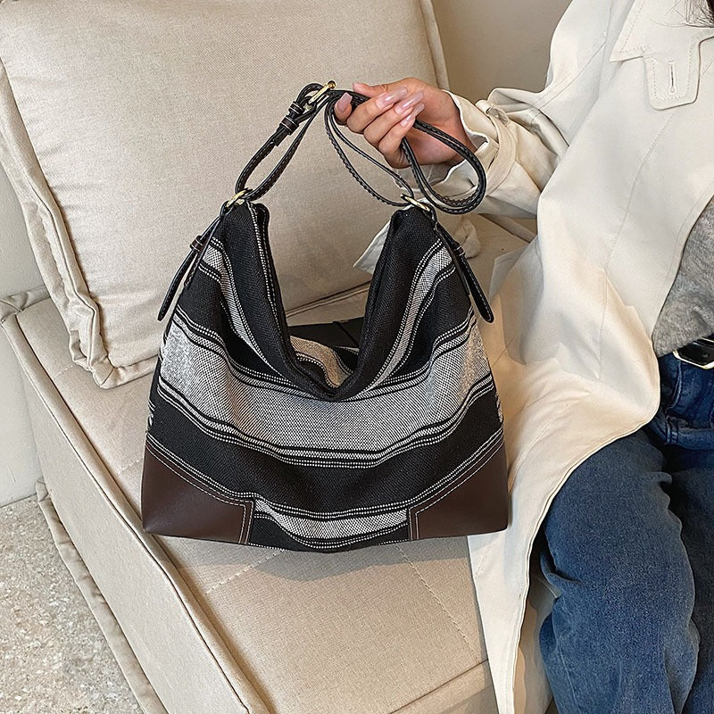 Wholesale Contrast Color Striped Canvas Bag Large Capacity Shoulder Bag Casual Crossbody Bag