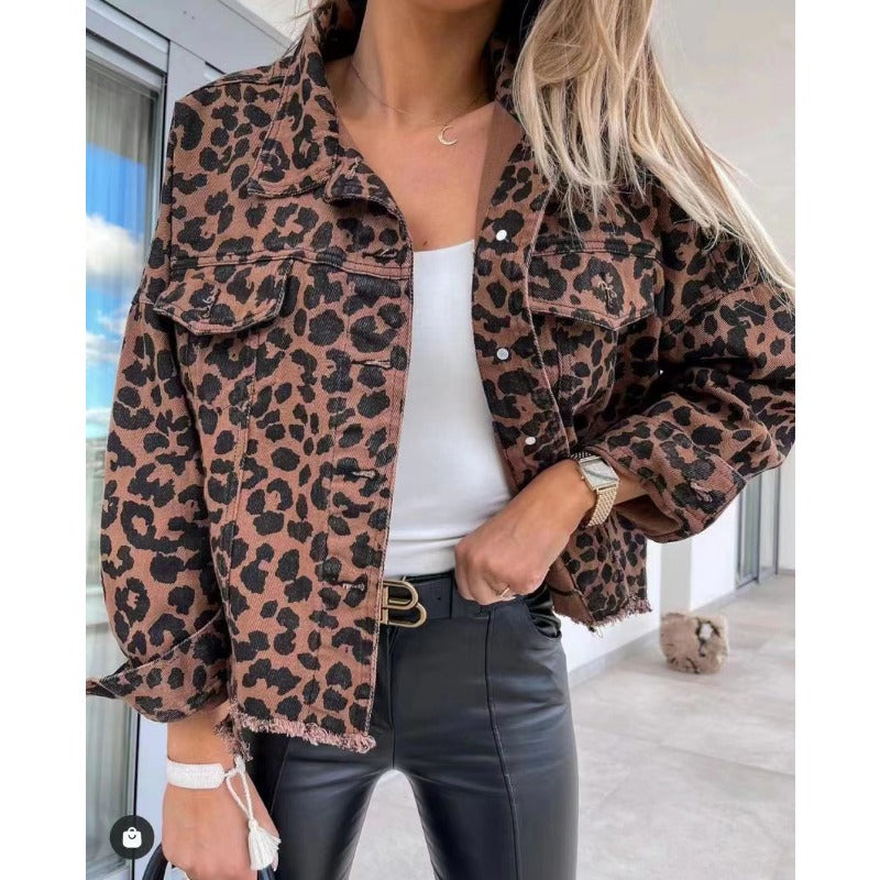 Wholesale Hipster Washed Distressed Leopard-print Raw-edged Denim Jacket