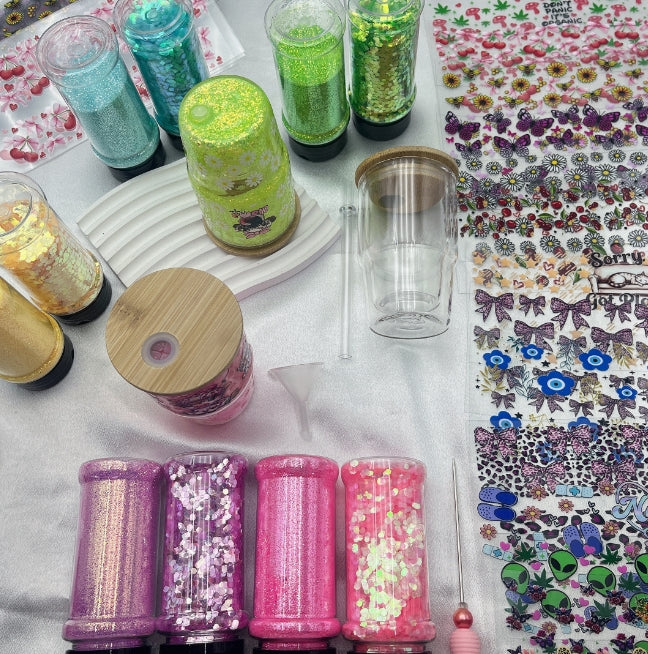 Wholesale Snowgloble 3oz Double Layer Shot Glass One Sets Including One Snowgoble Glass and 2 Boxes Sequin Glitter Filler and One Straw and One Funnel Filling Tool and One Piece Random Style Matching UVdtf Sticker Sets