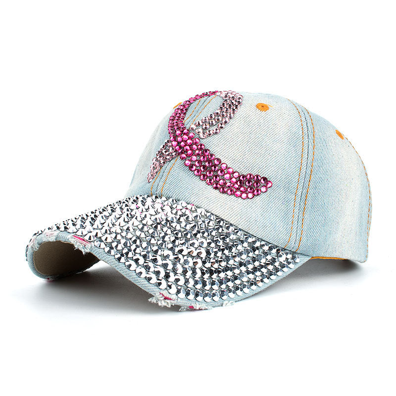 Wholesale Pink Ribbon Denim Cloth Dotted Diamond Baseball Caps