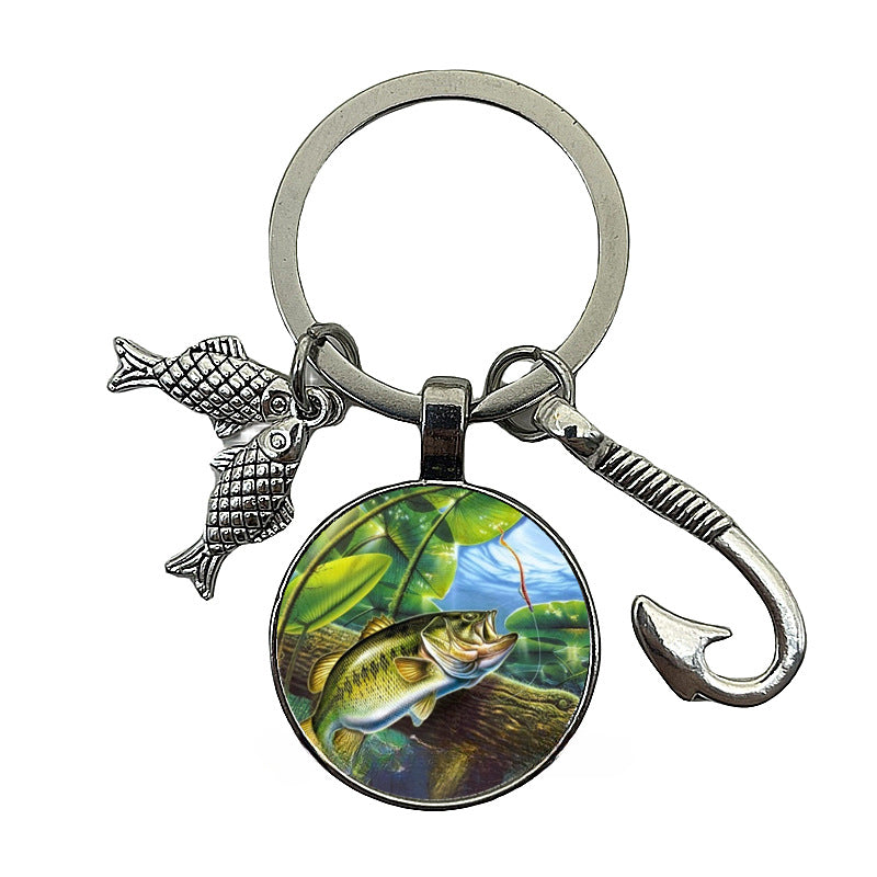 卸売釣り愛好家タイムジェムストーンフィッシュフックメタルキーホルダー