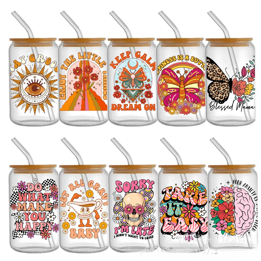 Wholesale Cute Smiley Flower Series Printing UV DTF Transfer Crystal Cup Sticker