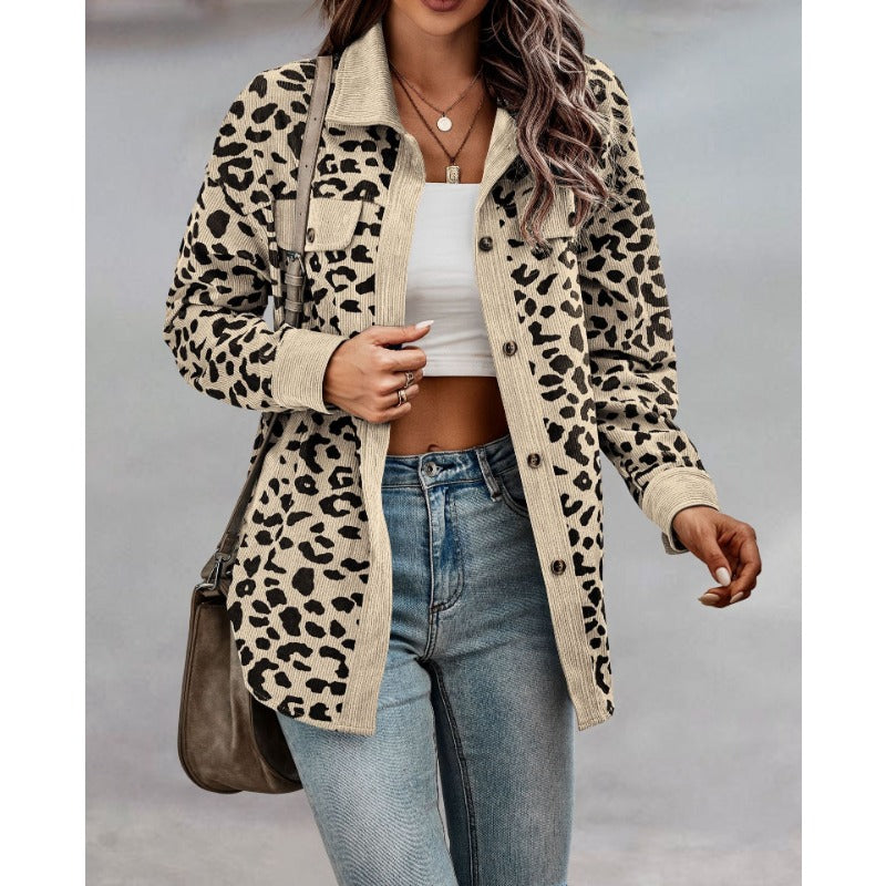 Wholesale Fashion Leopard Print Button Long Sleeve Jacket Coat