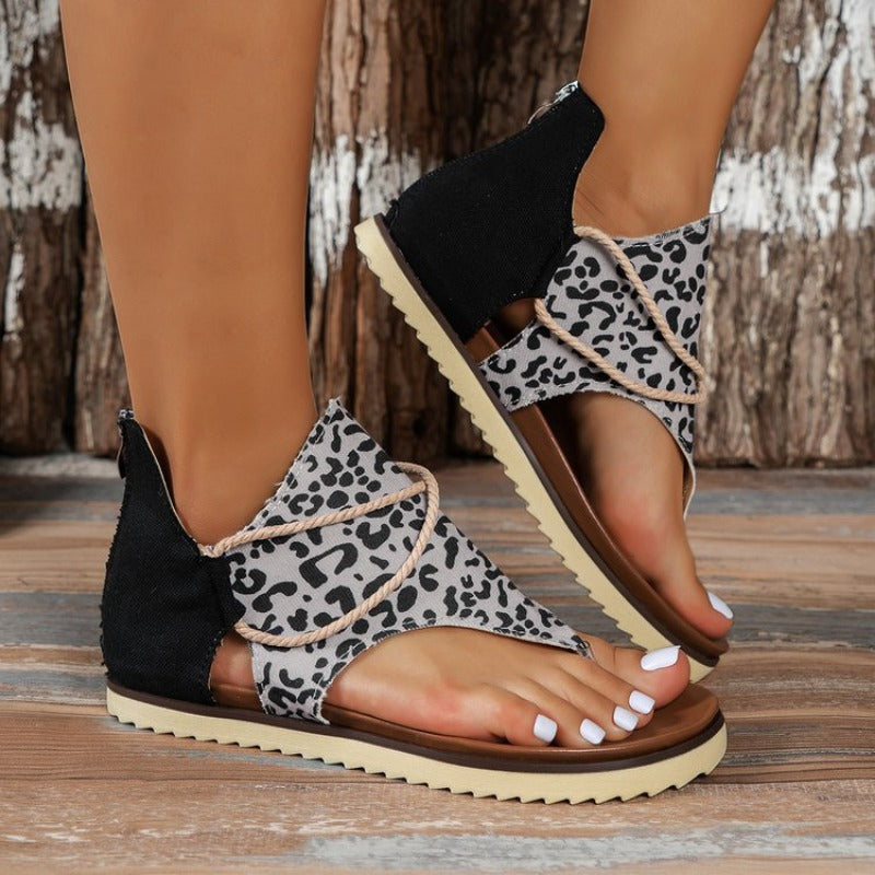 Wholesale Clip Toe Printed Flat Bottomed PU Sandals