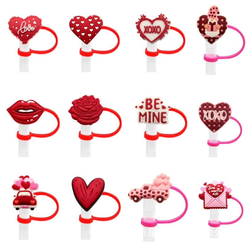 Wholesale 10pcs Valentine's Day Series Love Creative Cartoon Silicone Dust Stopper Water Cup Straw Cover