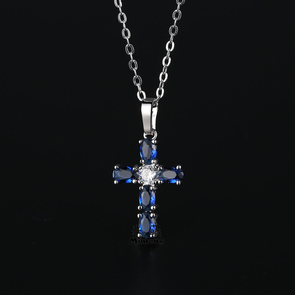 Wholesale Cross Blue Zircon Pendant Necklace Clavicle Chain