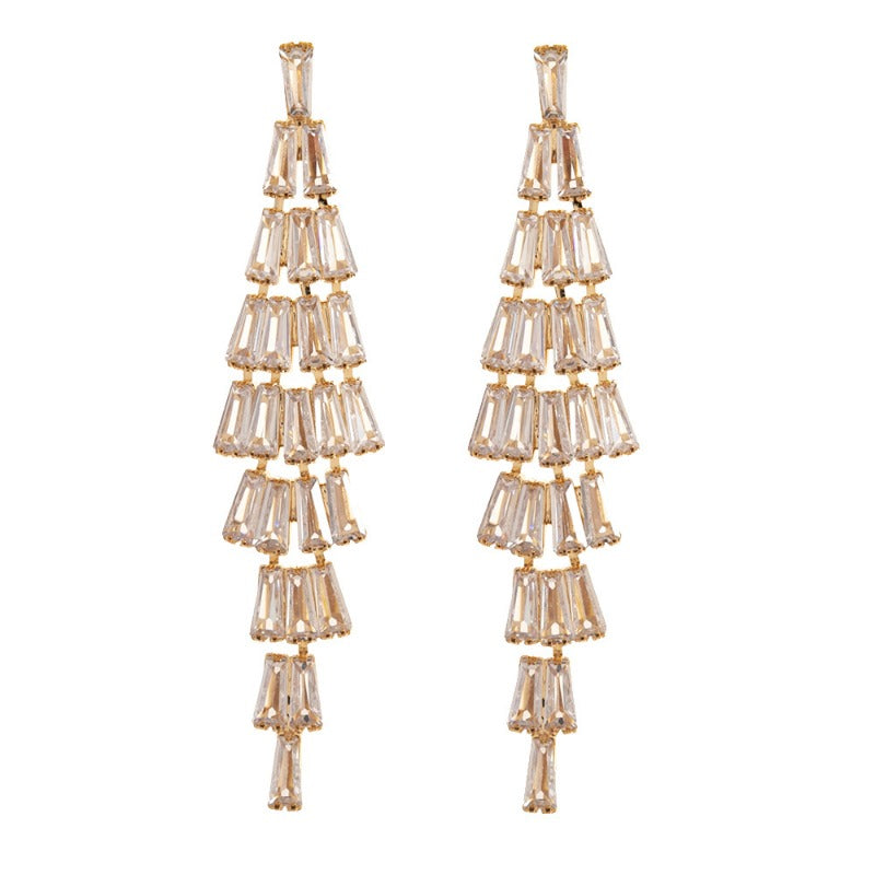 Wholesale Simple Zircon Trapezoid Dangling Tassel Rhinestone Gold-plated Claw Chain Earrings
