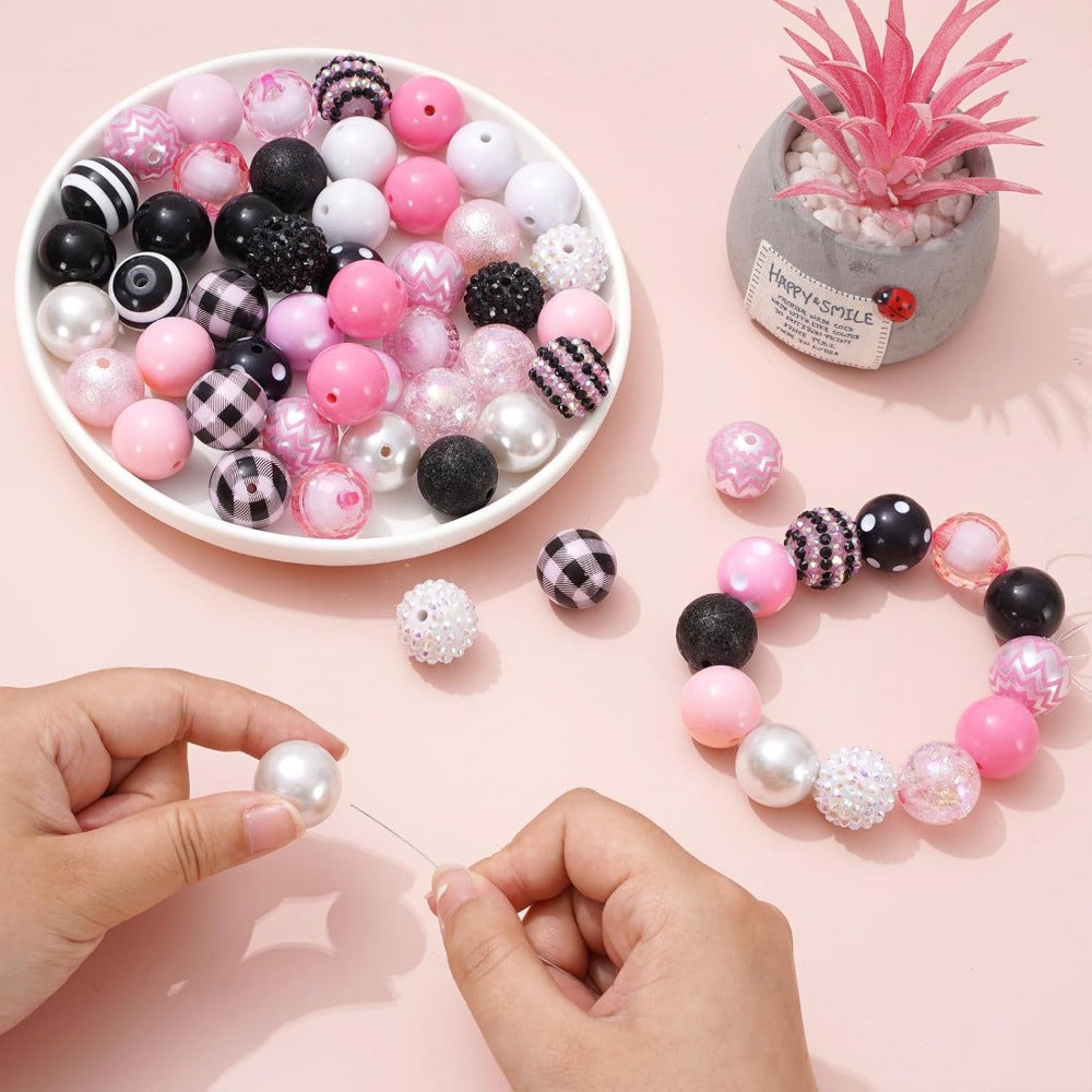 Wholesale Whaline 50Pcs 20mm Mixed Bubblegum Beads 16 Styles Pink & Black Spacer Bead Plaid Dot Wave Chunky Beads Set Jumbo Plastic Beads for Jewelry Making Boutique DIY Craft Supplies