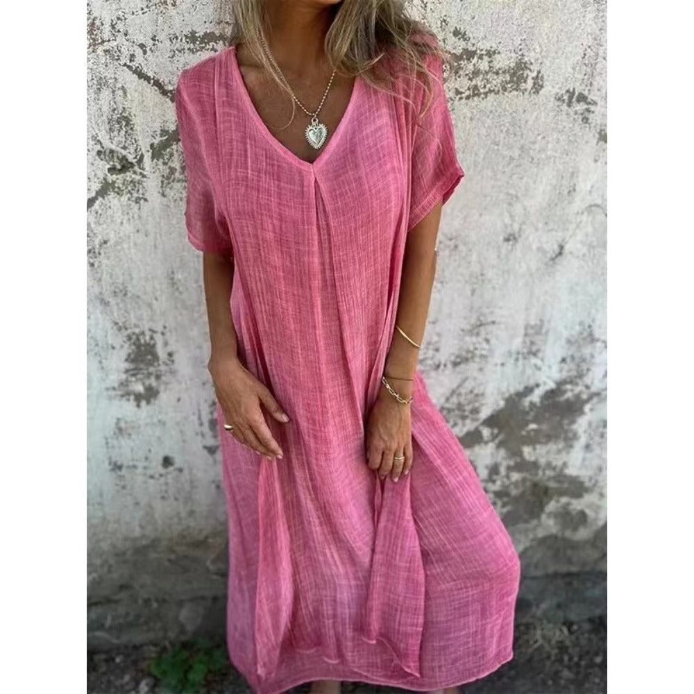 Wholesale Casual Loose Short Sleeve V-Neck Solid Color Cotton and Linen Dress