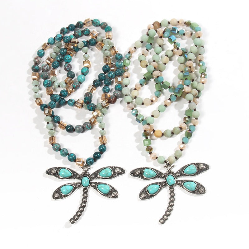 Wholesale Alloy Natural Stone 6mm Glass Antique Silver Dragonfly Pendant Sweater Necklace