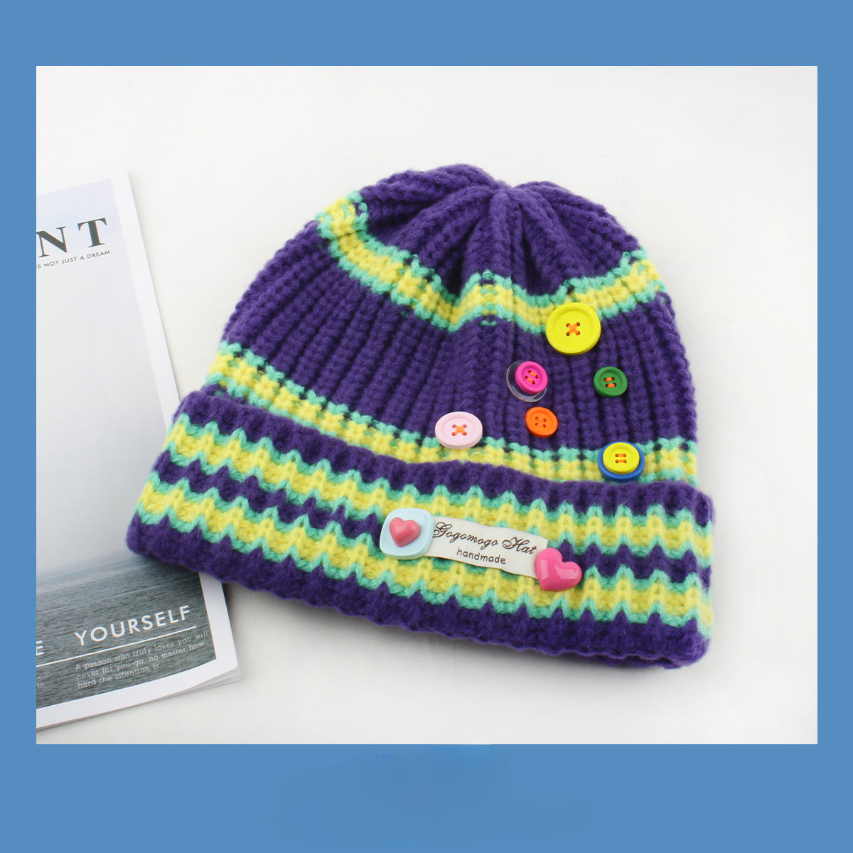 Wholesale Striped Colorful Button Knitted Woolen Knitted Hat