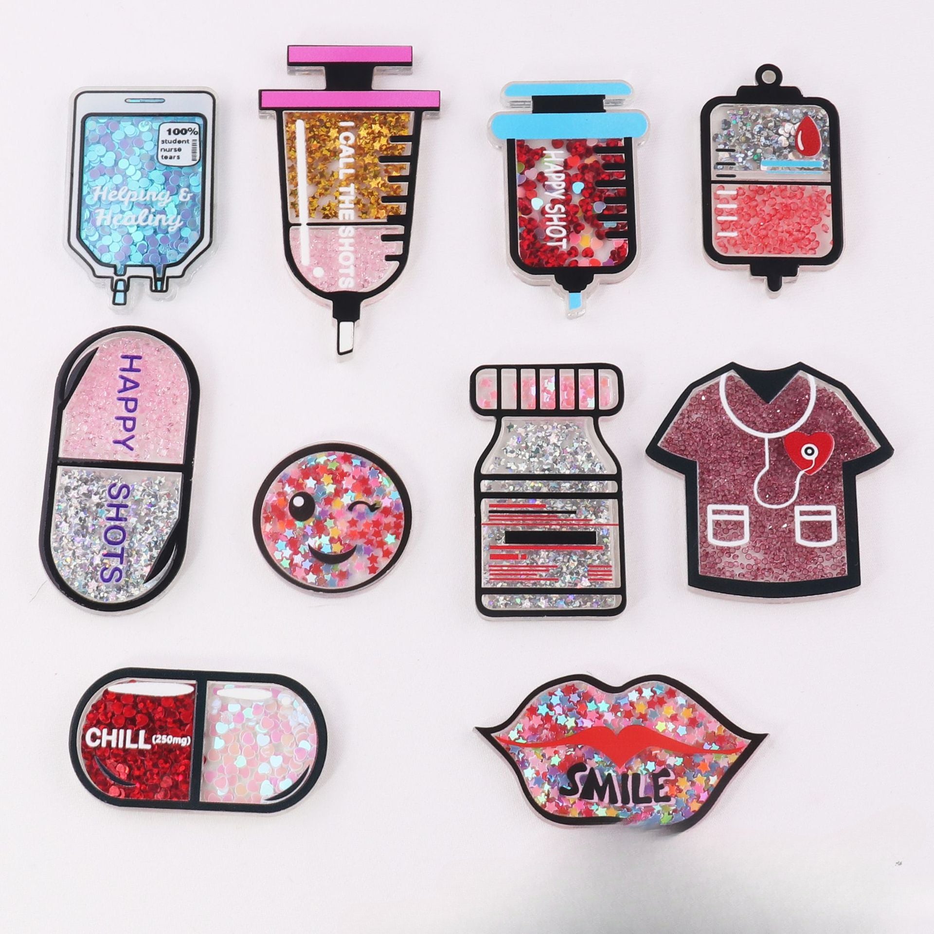 Wholesale 10PCS FlatBack Medical Clothes Quicksand Acrylic Bag Pin Patch DIY Accessories