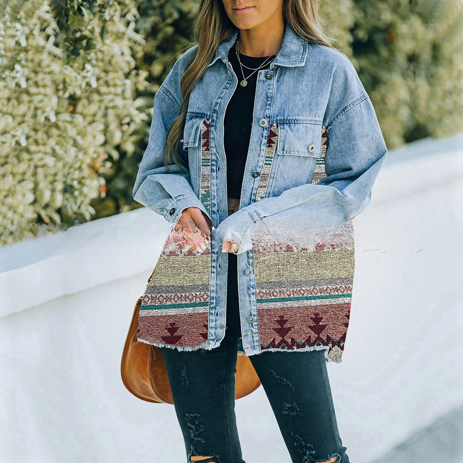 Wholesale Denim Stitching Raw Edge Mid Length Jacket Women Clothes