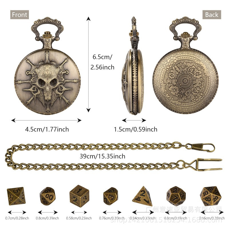 Wholesale DND Dice Vintage Flip Cover Bronze Skull Thick Waist Chain Pocket Watch Case