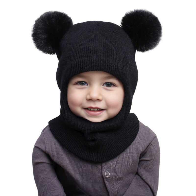 Wholesale Autumn and Winter Pullover Children's Double Ball Ear Protection One-piece Solid Color Cute Wool Knitted Hat