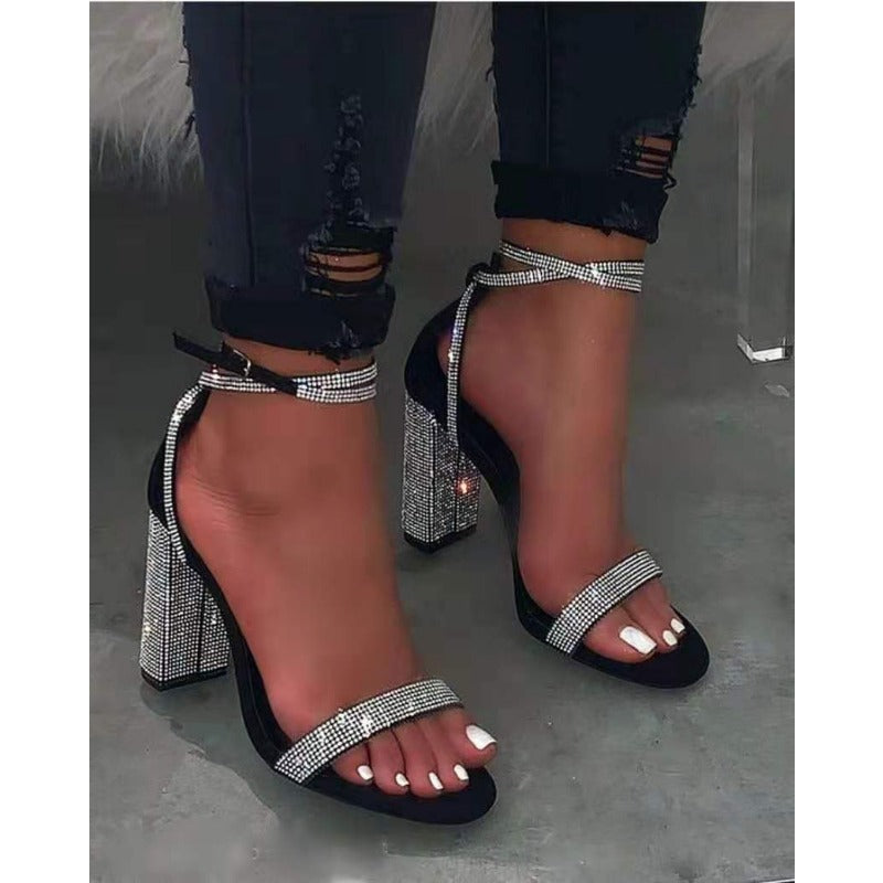 Wholesale Rhinestone Thick Heel High Heel Ankle Buckle PU Sandals