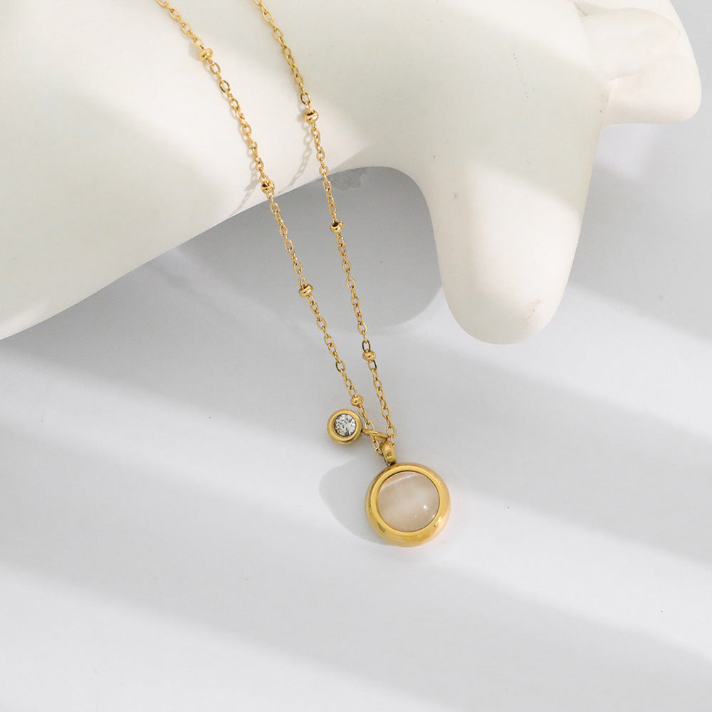 Wholesale Retro Round Brand Natural Stone Titanium Steel Necklace Clavicle Chain