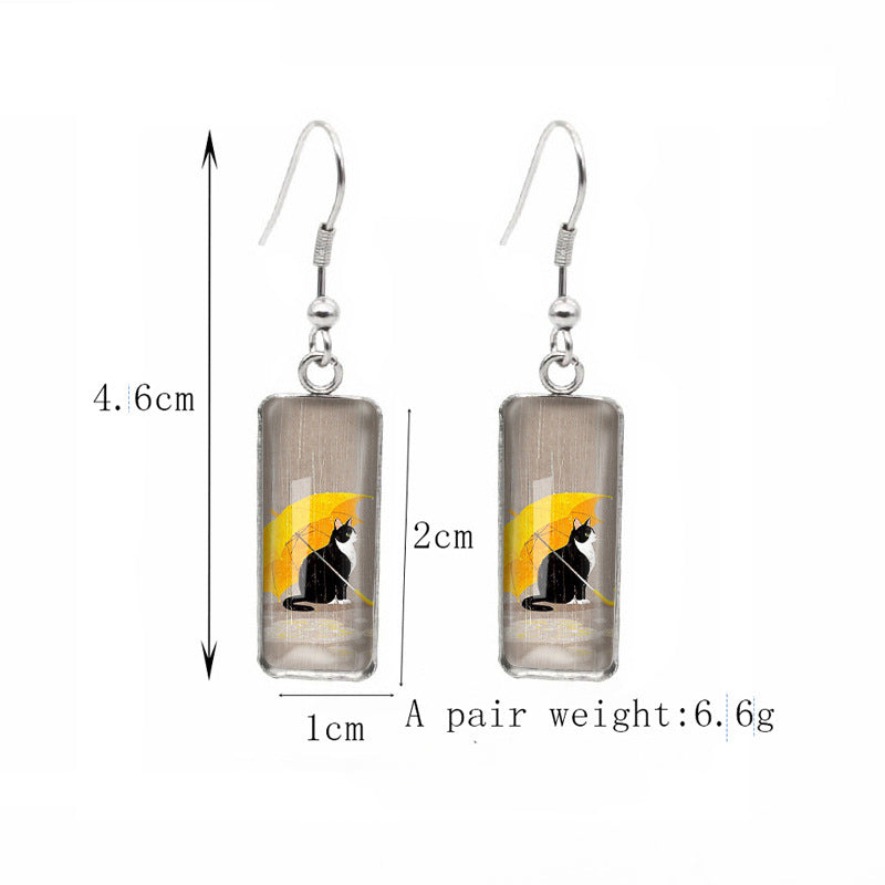 Wholesale Cat Time Gem Rectangular Glass Earrings