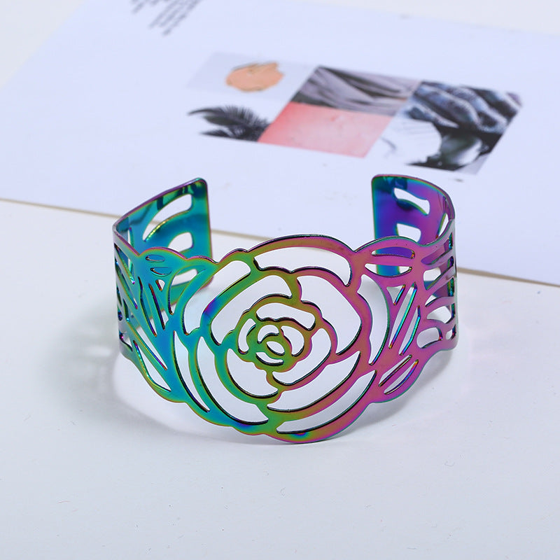 Wholesale Wide hollow metal rose open carved colorful bracelet