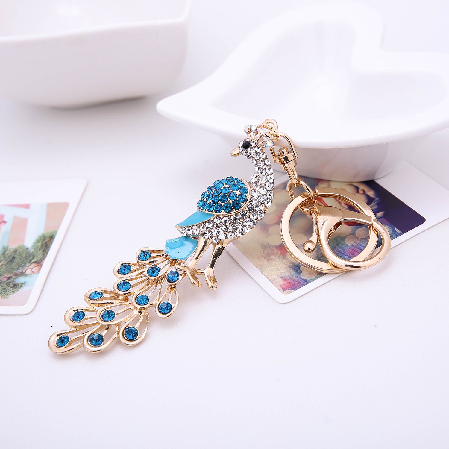 Wholesale Peacock Color Alloy Dot Diamond Keychain
