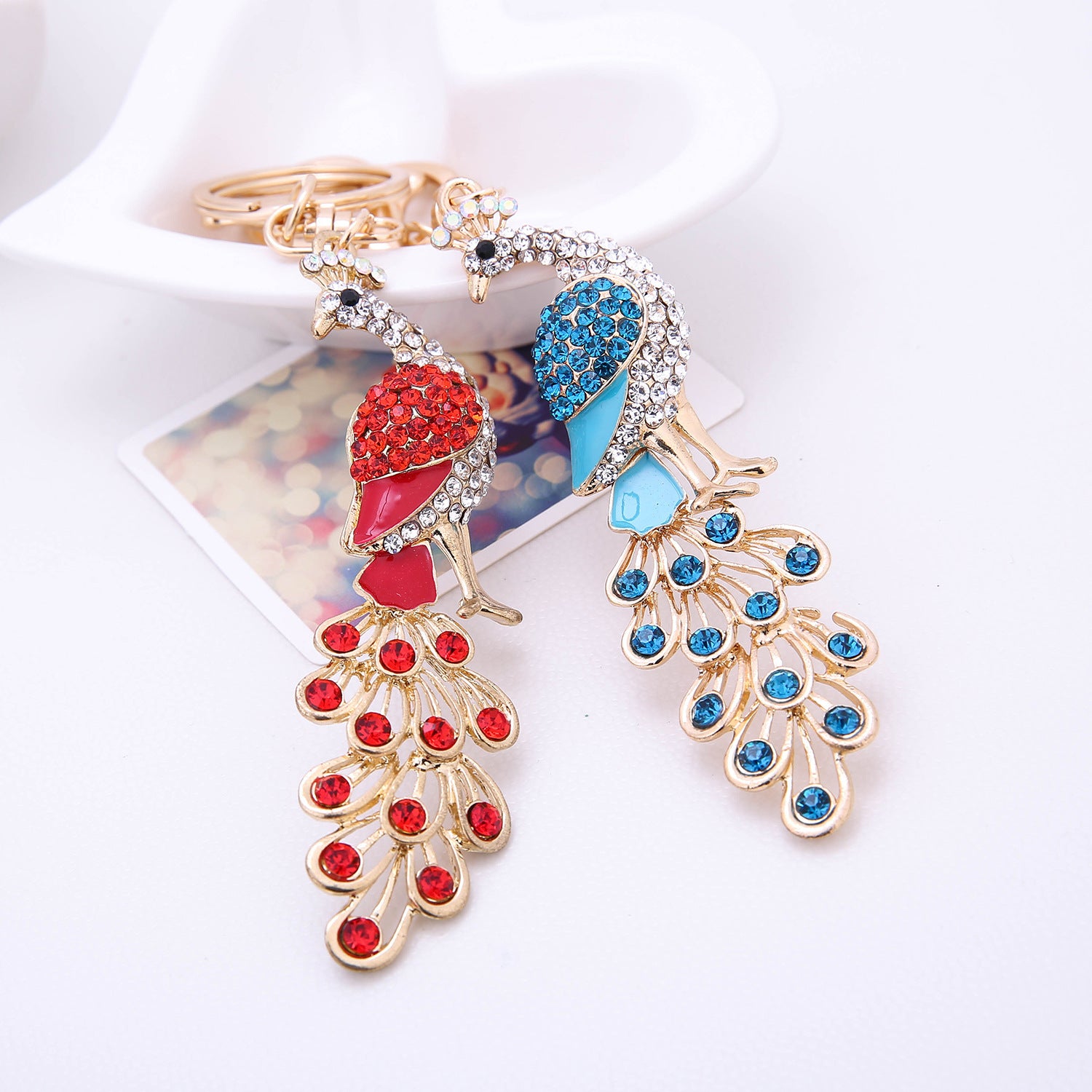 Wholesale Peacock Color Alloy Dot Diamond Keychain