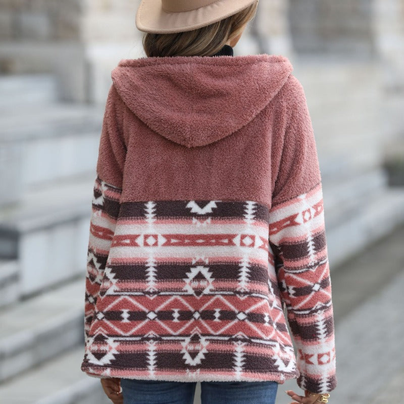 Wholesale Western Style Women's Hooded Long Sleeve Horn Button Mid-Length Reversible Austrian Velvet Jacket