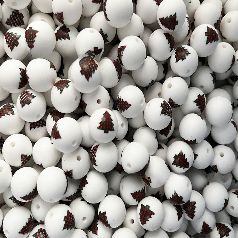 Wholesale 50pcs DIY Christmas Snowman Christmas Tree Printing 15mm Silicone Beads