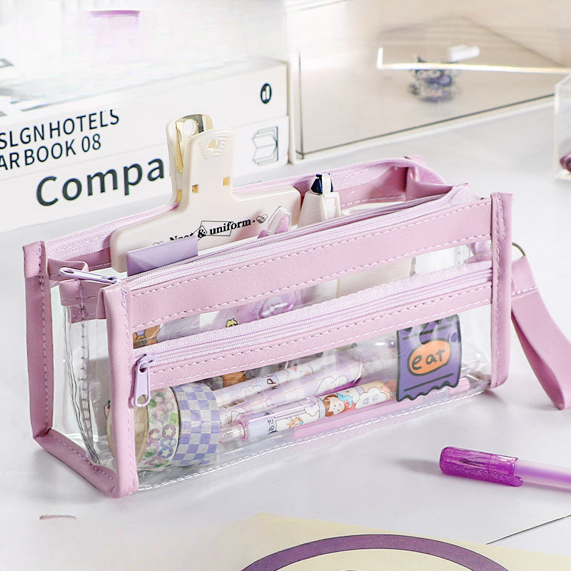 Wholesale Four-layer Transparent Leather Pencil Bag