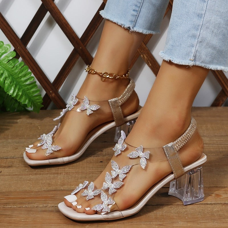 Wholesale Square Toe Elastic Band Butterfly Flower Crystal Heel Sandals