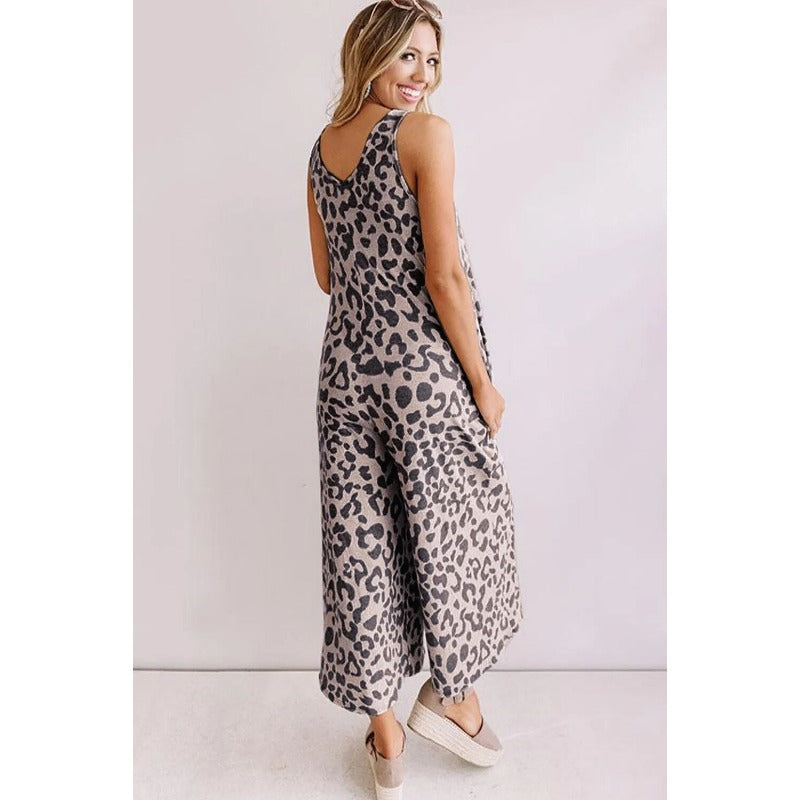 Wholesale Western Style Leopard Print Sleeveless Loose Jumpsuit
