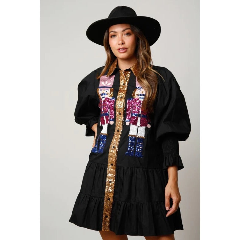 Wholesale Autumn/winter Contrasting Long Sleeved Lapel Christmas Sequin Women Clothes