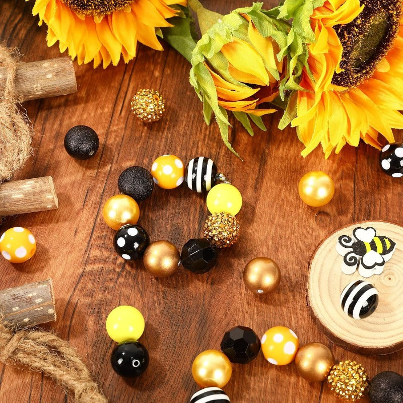 Wholesale Whaline 50Pcs 20mm Bee Theme Beads 10 Styles Mixed Bubblegum Beads Set Yellow Black Spacer Bead Chunky Beads Jumbo Plastic Beads for Crafts and Jewelry Making Boutique Craft Supplies