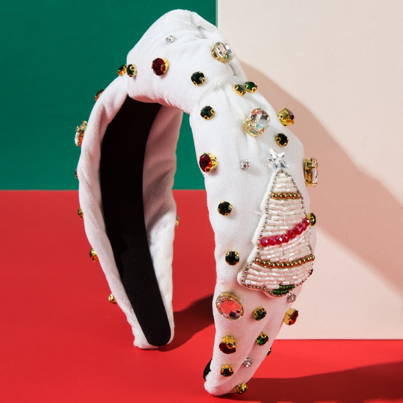 Wholesale Velvet Cloth with Diamond and Hand Sewn Rice Beads Christmas Headband