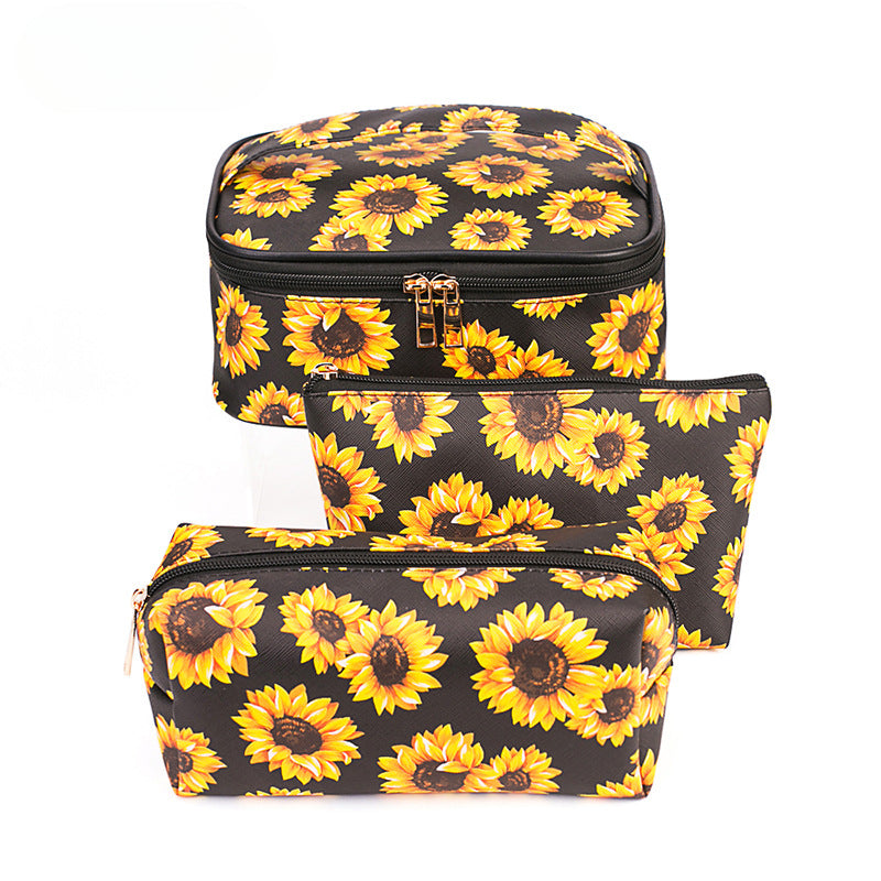 Wholesale PU Sunflower Makeup Bag, Toilet Bag, Large Capacity Storage Bag