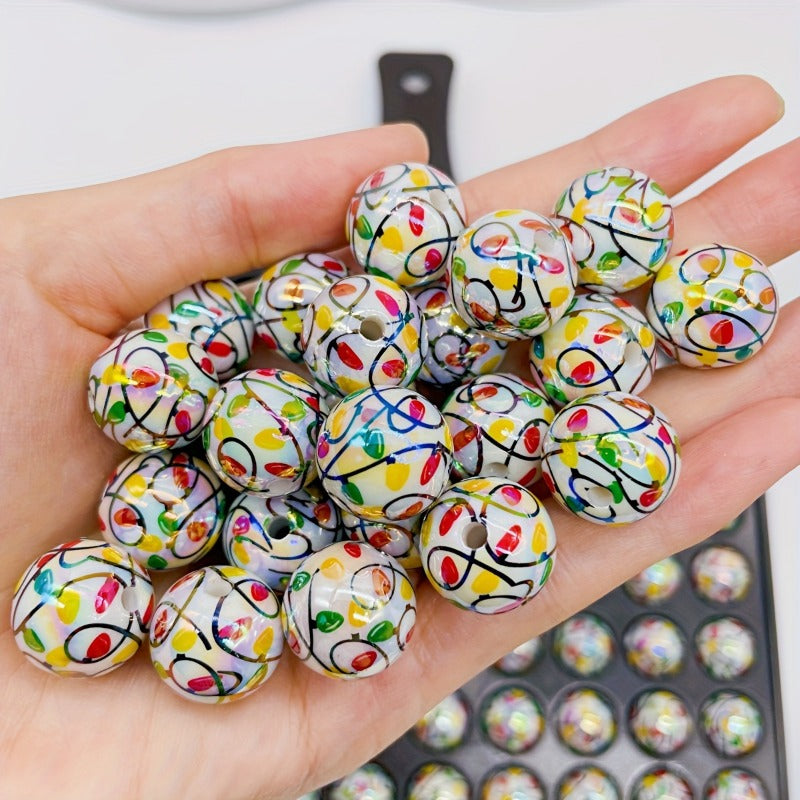 Wholesale 100pcs Christmas Series Acrylic Printed Lantern Thread Round Beads DIY Mobile Phone Chain Accessories Beads
