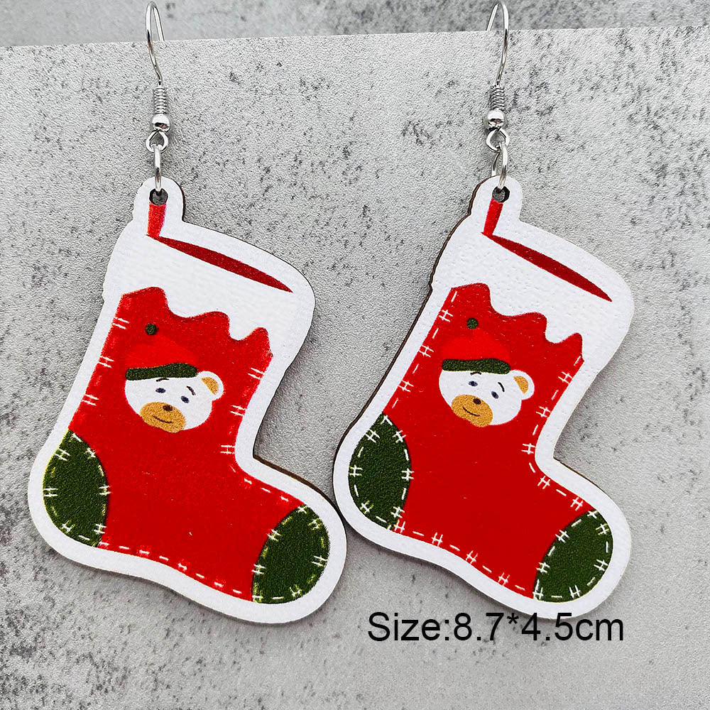 Wholesale Christmas Santa Claus Christmas Socks Elk Wooden Earrings