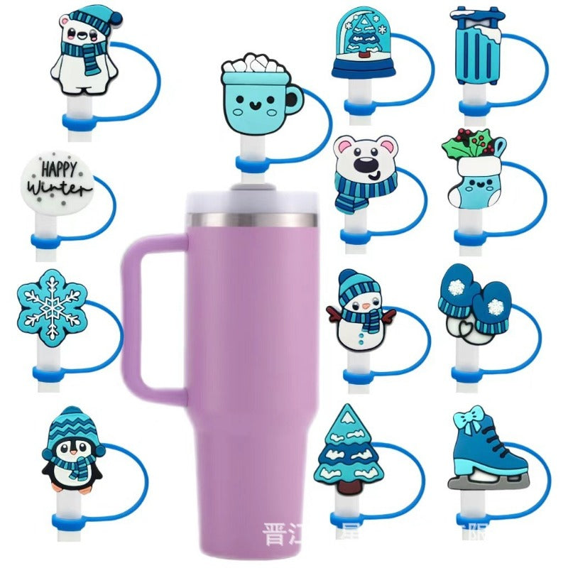 Wholesale 10pcs Cartoon Winter Snowman 8/10MM Milk Tea PVC Dustproof Straw Cover