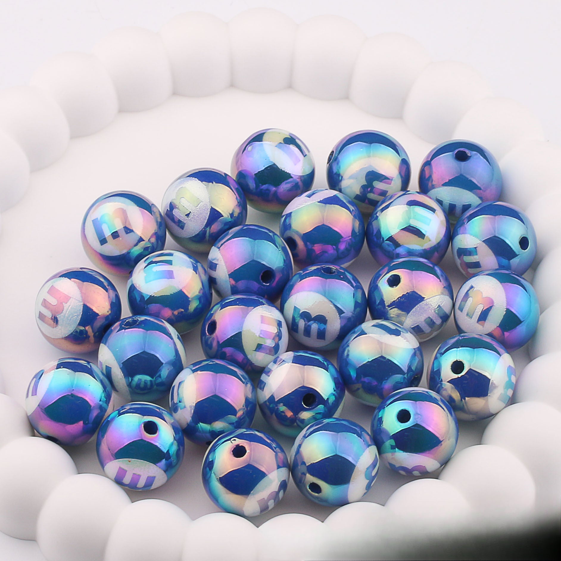 Wholesale 20pcs Acrylic UV Plating Engraving M Bean Straight Hole Two-color DIY Beads