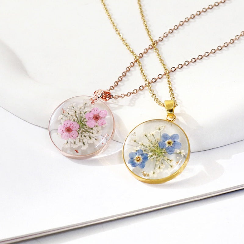 Wholesale 6pcs Rose Gold Forget-me-not Dried Flower Transparent Resin Necklace