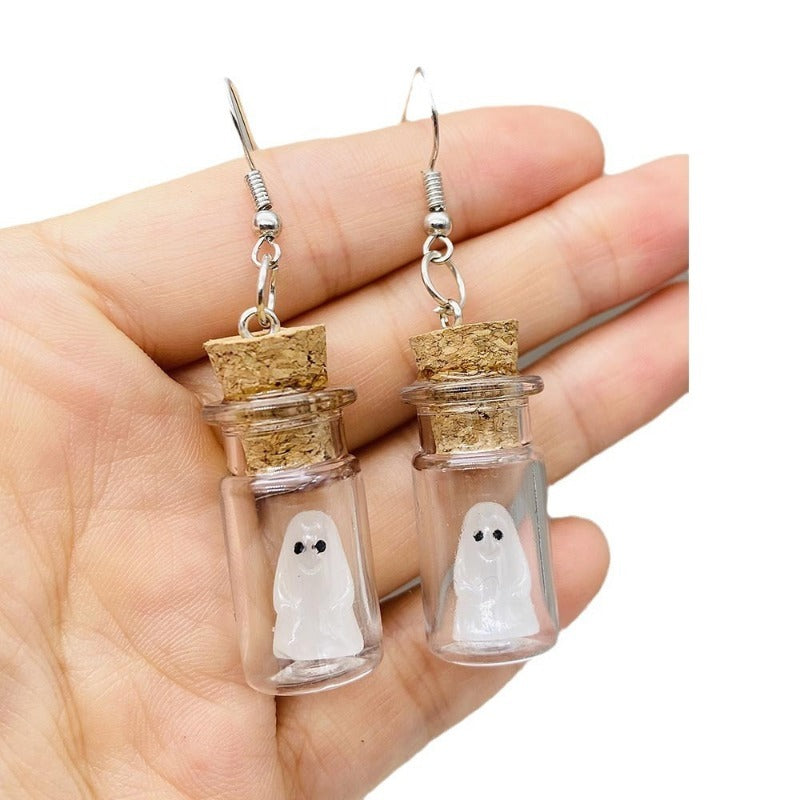 Wholesale Stereo Resin Glow-in-the-dark Ghost Halloween Wishing Bottle Earrings and Necklaces Set